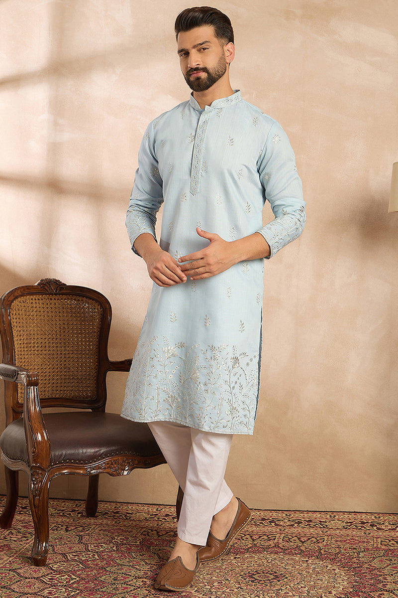 Blue Silk Blend Solid Embroidered Straight Kurta With Trouser MKSET1785