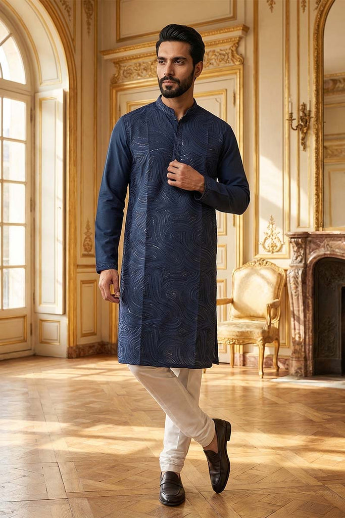 Blue Silk Blend Embroidered Straight Kurta MKU2124