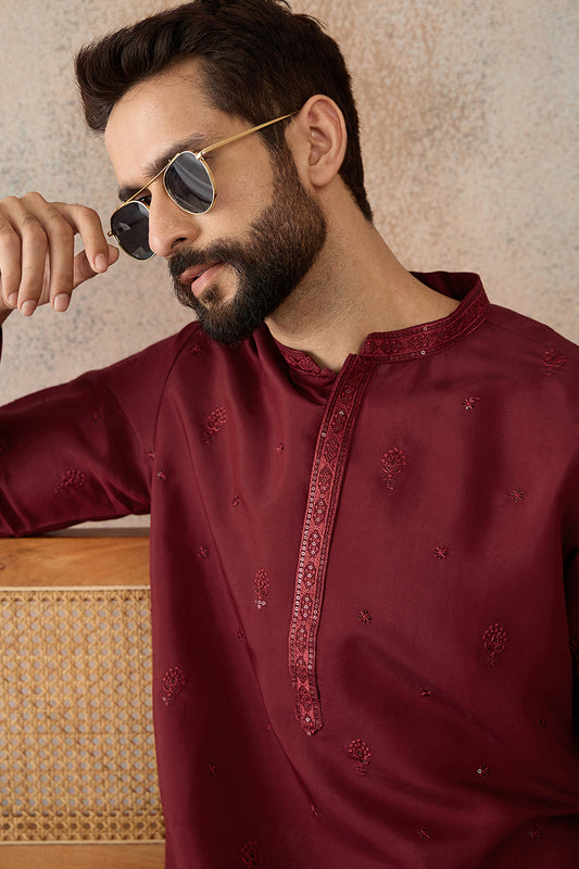 Maroon Silk Blend Solid Emboidered Straight Kurta MKU2289