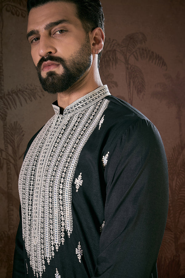 Black Silk Blend Solid Embroidered Straight Kurta With Trouser MKSET1883
