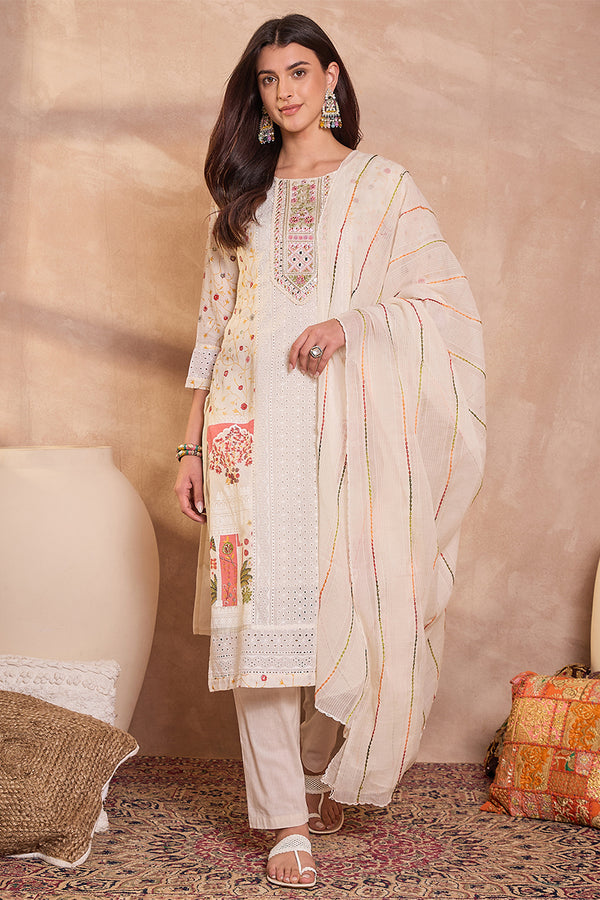 Cream Pure Cotton Ethnic Motifs Printed Straight Kurta Trousers With Dupatta PKSKD3192