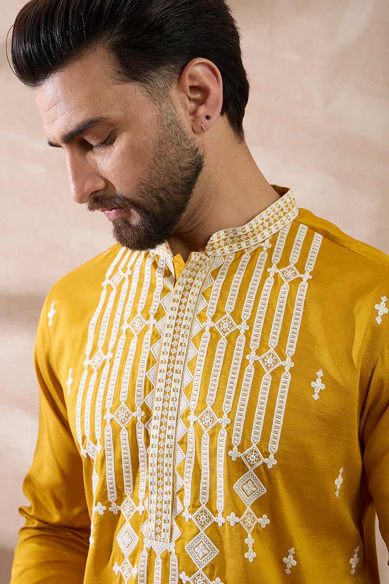 Yellow Silk Blend Embroidered Mandarin Collar Straight Kurta MKU1786