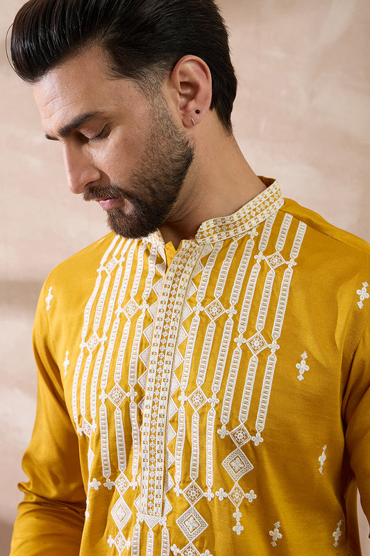 Yellow Silk Blend Embroidered Mandarin Collar Straight Kurta MKU1786