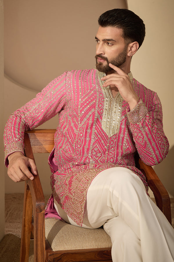 Pink Georgette Ethnic Motifs Embroidered V-Neck Kurta With Trouser MKSET2587