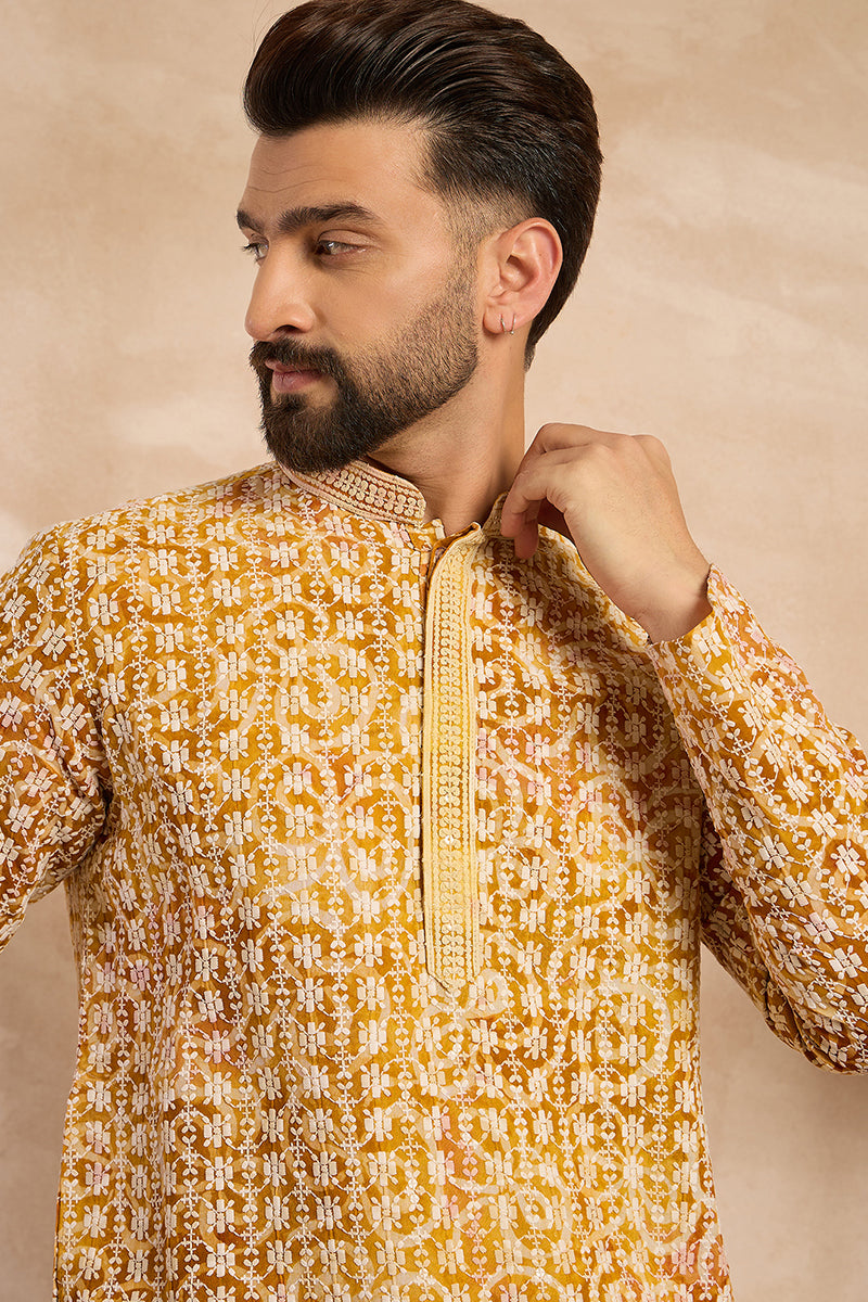 Yellow Viscose Rayon Batik Embroidered Straight Kurta With Trouser MKSET1656