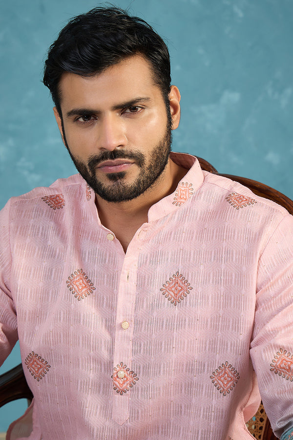 Peach Silk Blend Woven Design Calf Length Straight Regular Kurta With Trouser MKSET2348