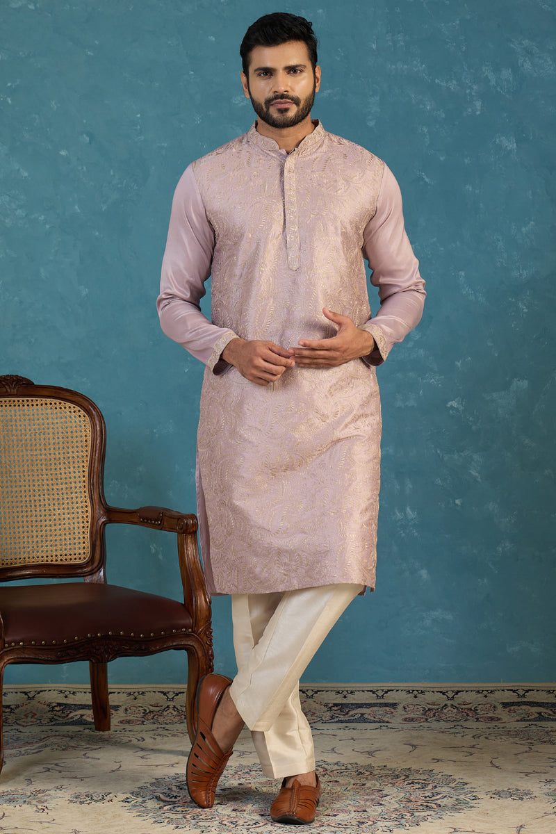 Lavender Silk Blend Embroidered Straight Kurta Sets MKSET2103