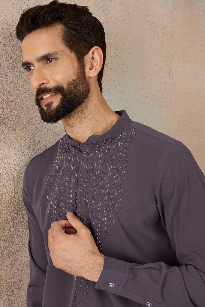 Grey Silk Blend Ethnic Motifs Printed Kurta With Trouser MKSET2393