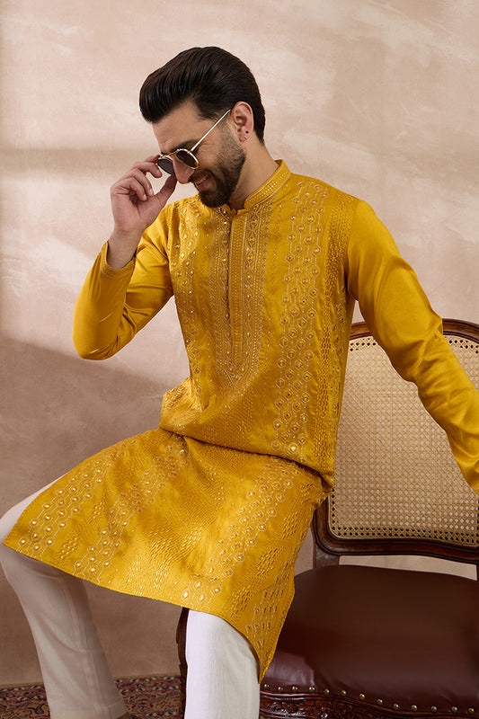 Mustard Silk Blend Embroidered Mandarin Collar Straight Kurta With Trouser MKSET1887