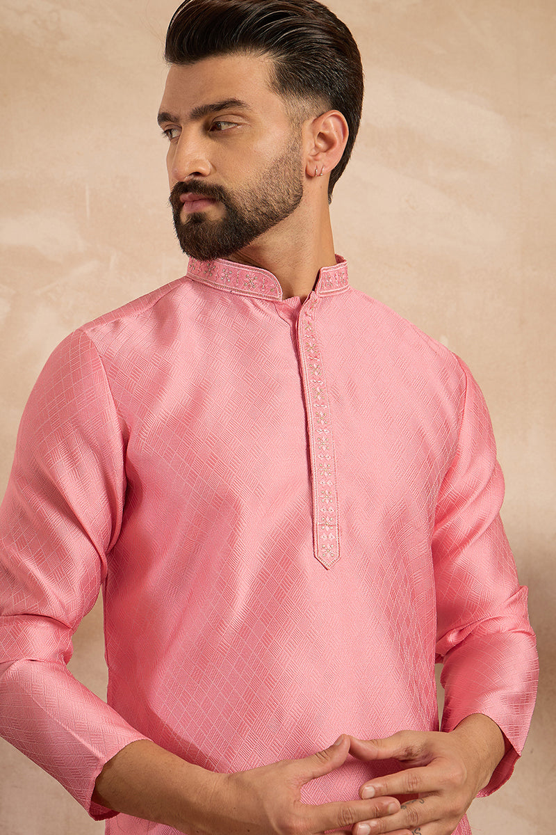 Pink Polyester Solid Embroidered Straight Kurta With Trouser MKSET1842