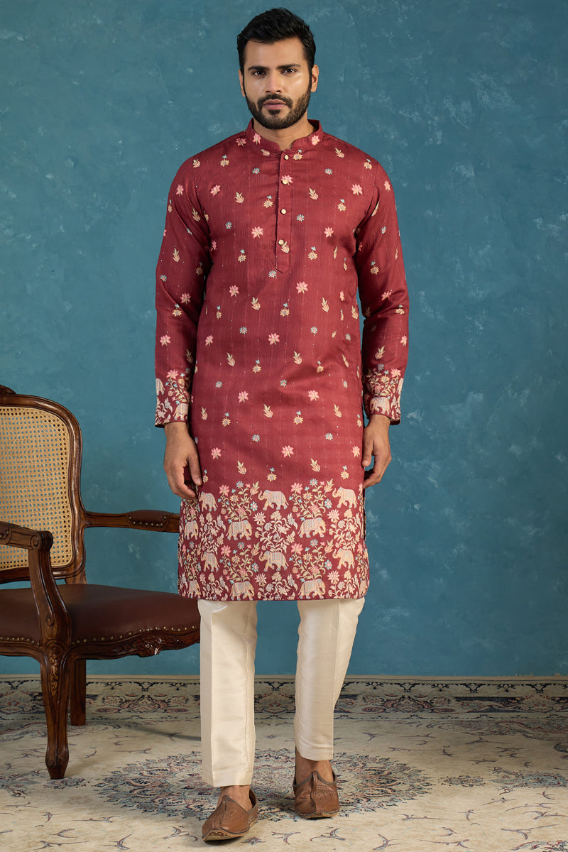 Maroon Silk Blend Woven Design Calf Length Straight Regular Kurta MKU2368