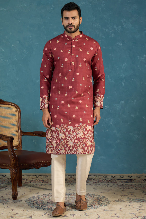 Maroon Silk Blend Woven Design Calf Length Straight Regular Kurta MKU2368