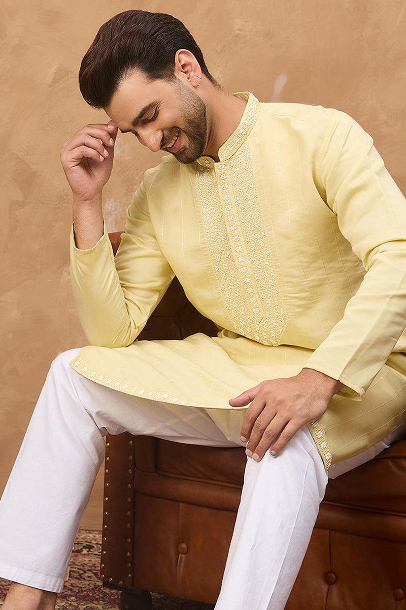 Yellow Silk Blend Solid Embroidered Straight Kurta MKU1507