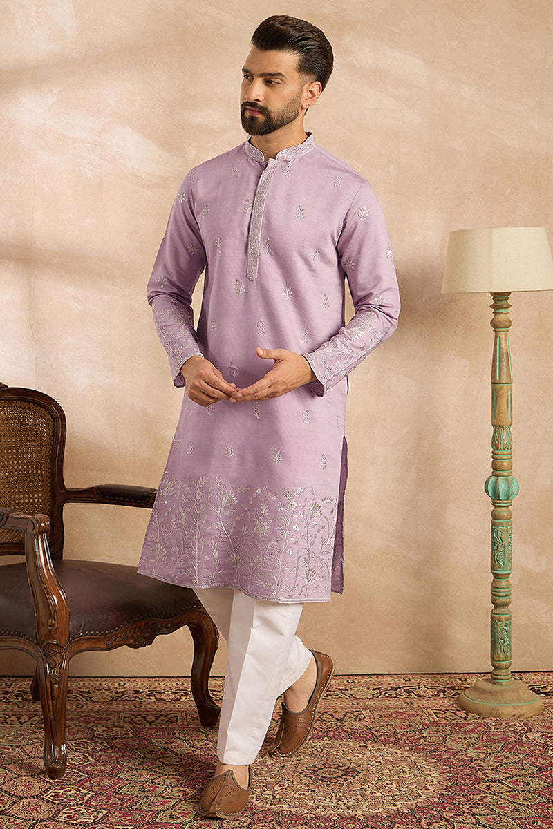 Lavender Silk Blend Floral Embroidered Straight Kurta With Trouser MKSET1781