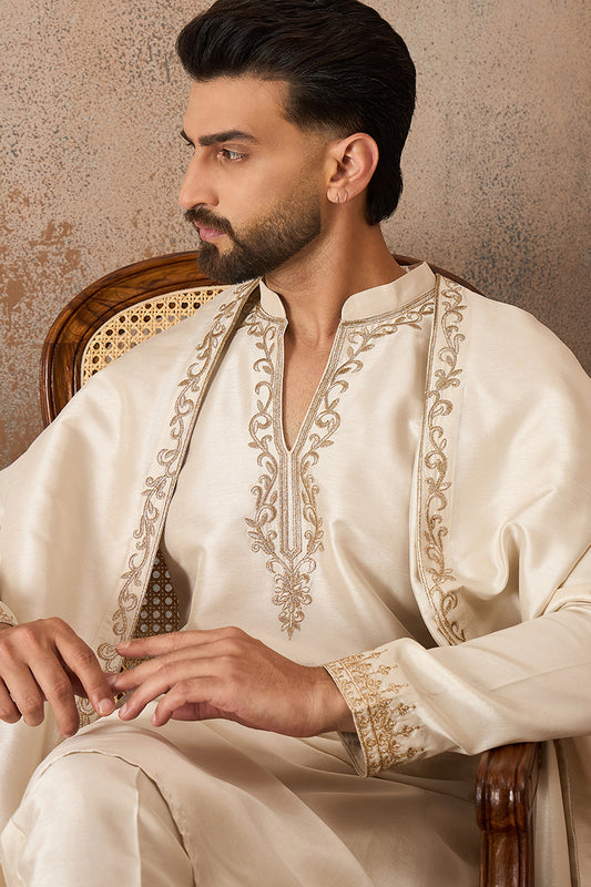 Off White Silk Blend Solid Embroidered Kurta & Trouser With Dupatta MKPD1021