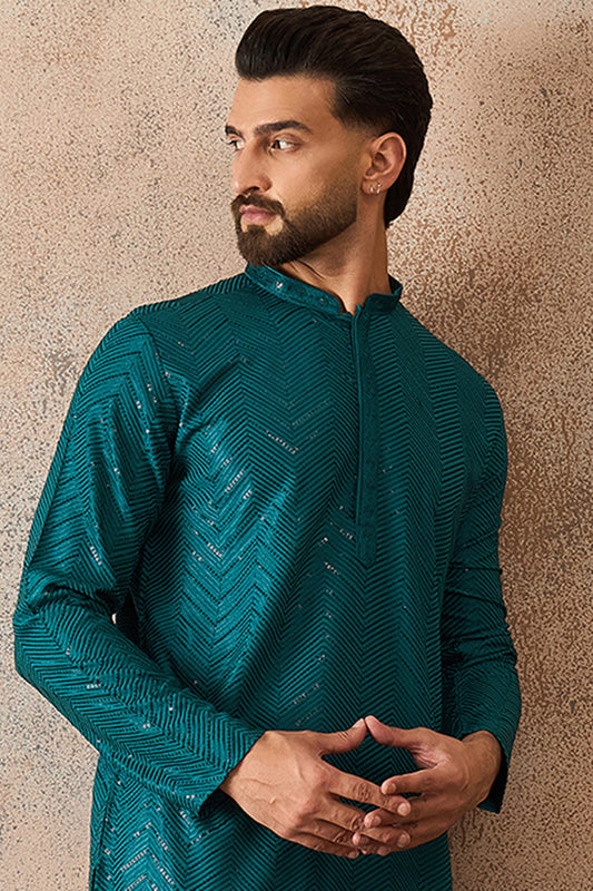 Turquoise Blue Rayon Embroidered Solid Straight Kurta With Trousers MKSET2184
