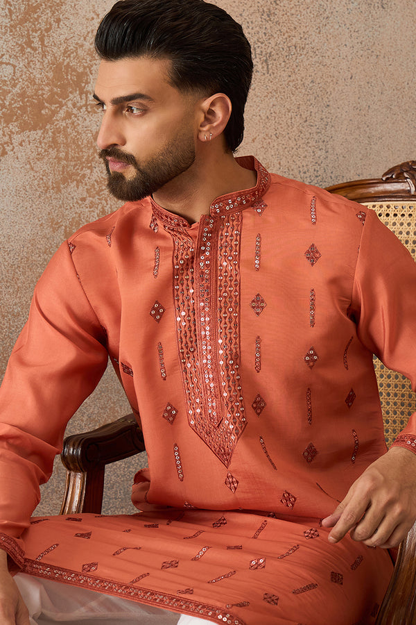 Orange Silk Blend Solid Embroidered Kurta With Trouser MKSET2258