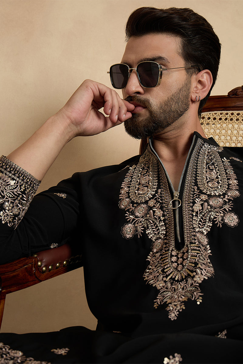Black Silk Blend Solid Embroidered Kurta With Trouser MKSET2376