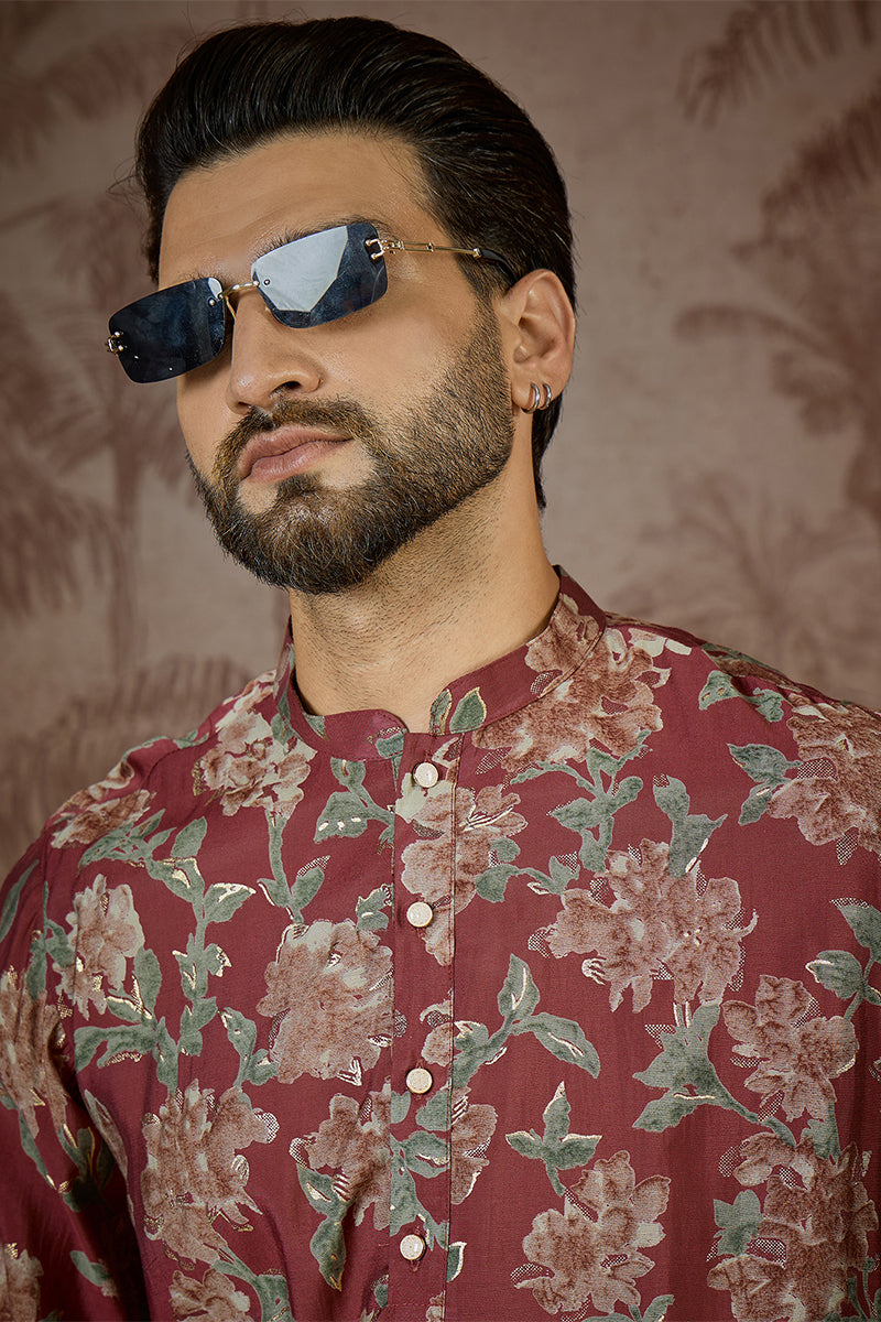 Maroon Silk Blend Floral Printed Kurta With Trouser MKSET2541