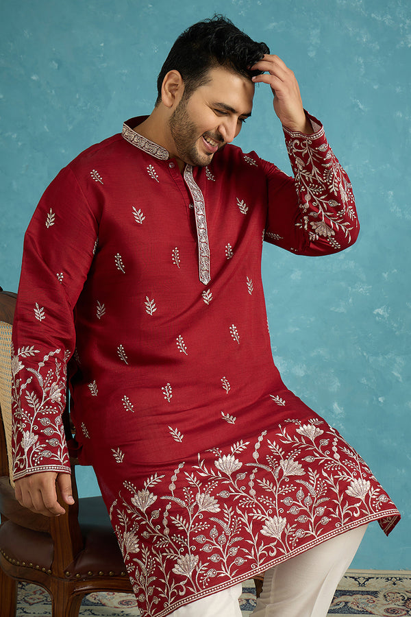 Maroon Silk Blend Solid Thread Work Embroidered Kurta MKU1945
