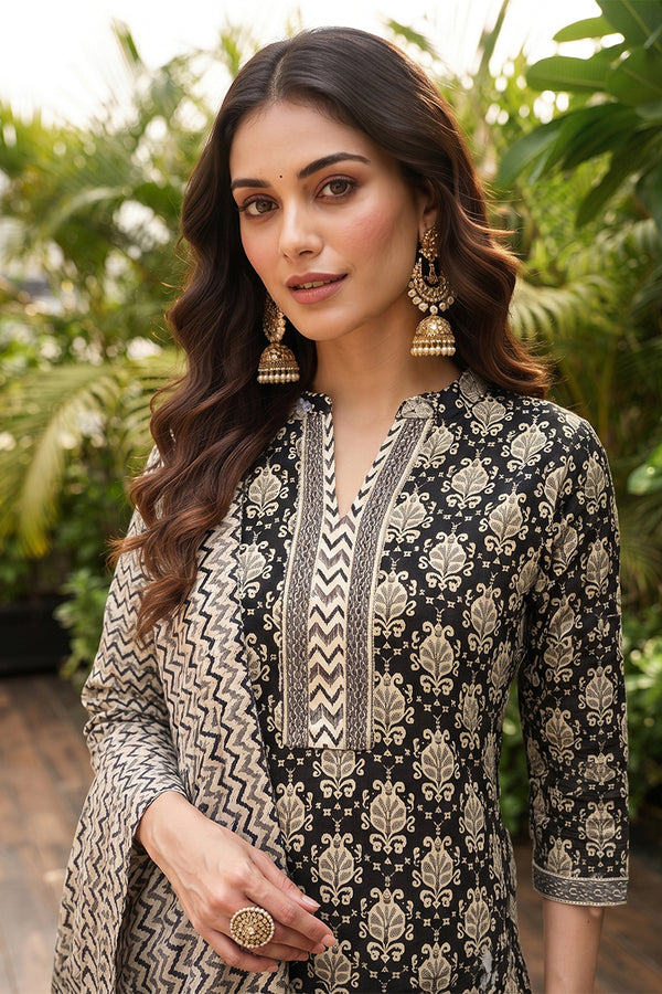 Black Rayon Blend Ethnic Motifs Straight Suit Set VKSKD1673