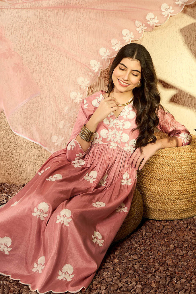 Peach Silk Blend Embroidered Kurta Trouser With Dupatta HOPPKSKD2595