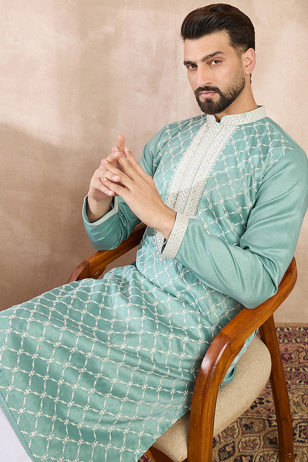 Teal Silk Blend Geometric Embroidered Straight Kurta MKU1693