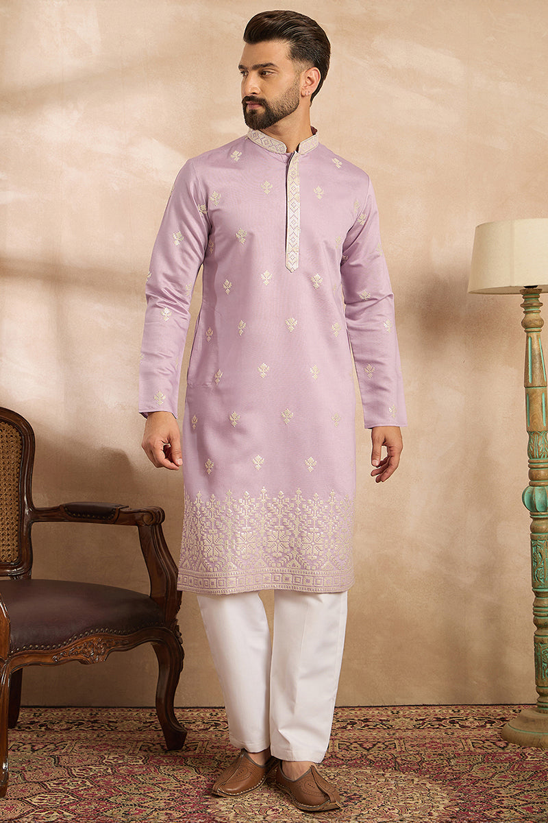 Lavender Polyester Solid Embroidered Straight Kurta MKU1753
