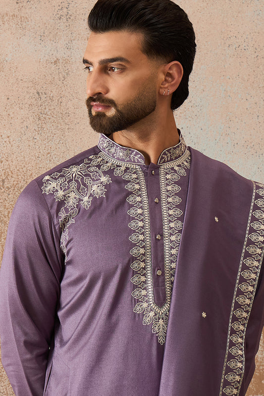 Lavender Silk Blend Solid Embroidered Kurta With Dupatta MKUD1009