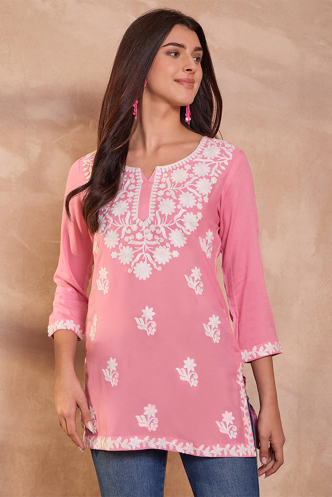 Pink Viscose Rayon Solid Embroidered Top VT1409
