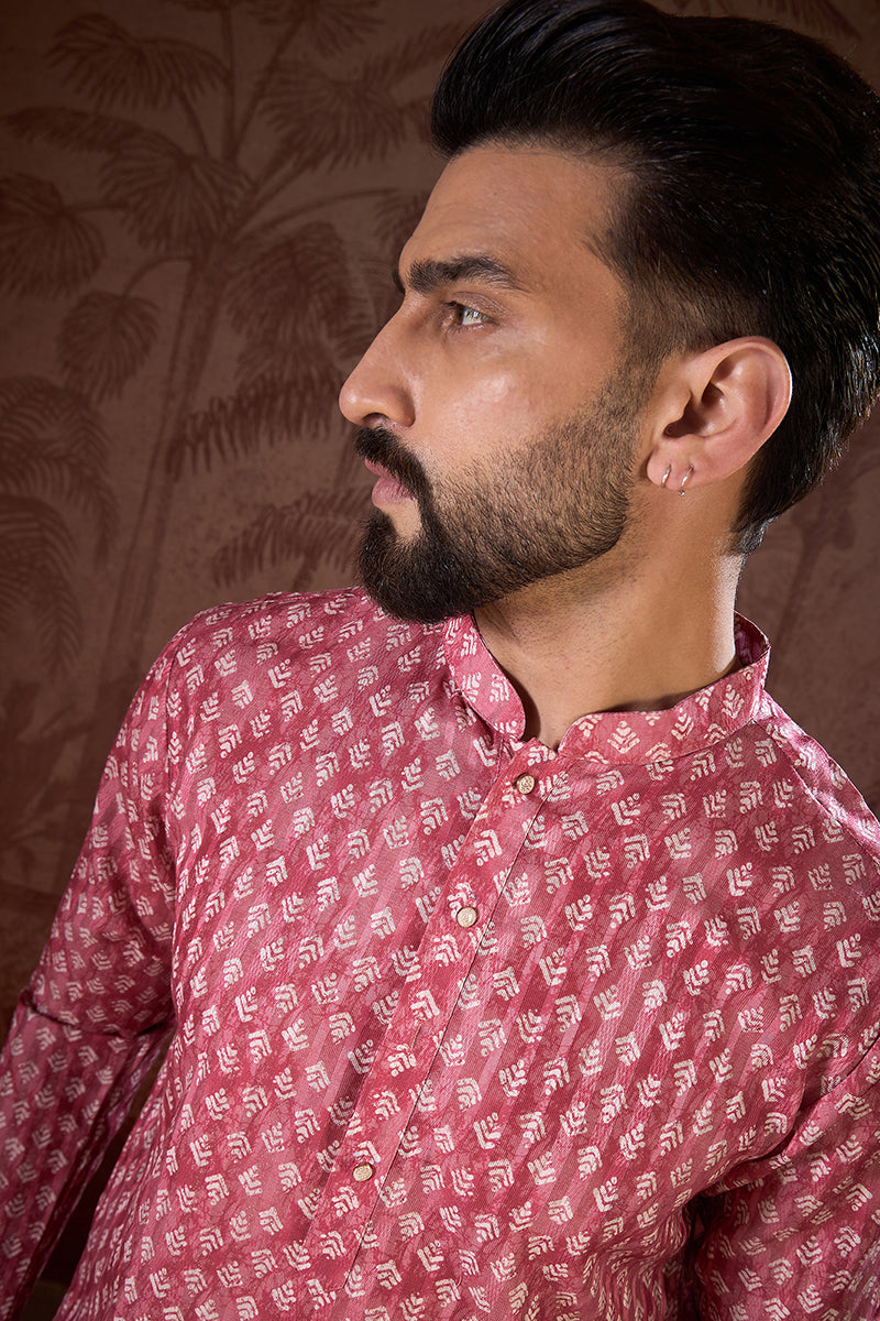 Pink Silk Blend Ethnic Motifs Printed Straight Kurta With Trouser MKSET1938
