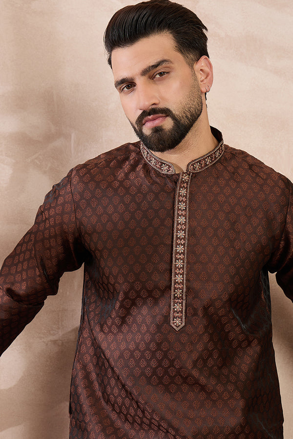 Brown Silk Blend Solid Woven Design Straight Kurta With Trouser MKSET1855