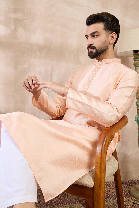 Peach Silk Blend Solid Embroidered Straight Kurta MKU1739