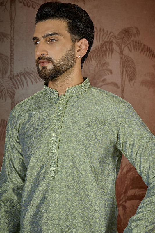 Green Jacquard Solid Embroidered Kurta With Trouser MKSET2499