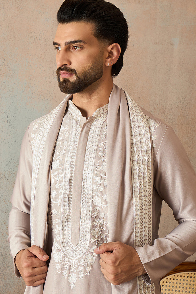 Beige Silk Blend Solid Embroidered Kurta With Dupatta MKUD1042