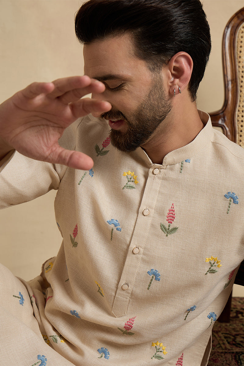 Beige Linen Solid Embroidered Thread Work Kurta With Trouser MKSET2462