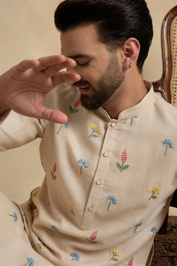 Beige Linen Solid Embroidered Thread Work Kurta With Trouser MKSET2462