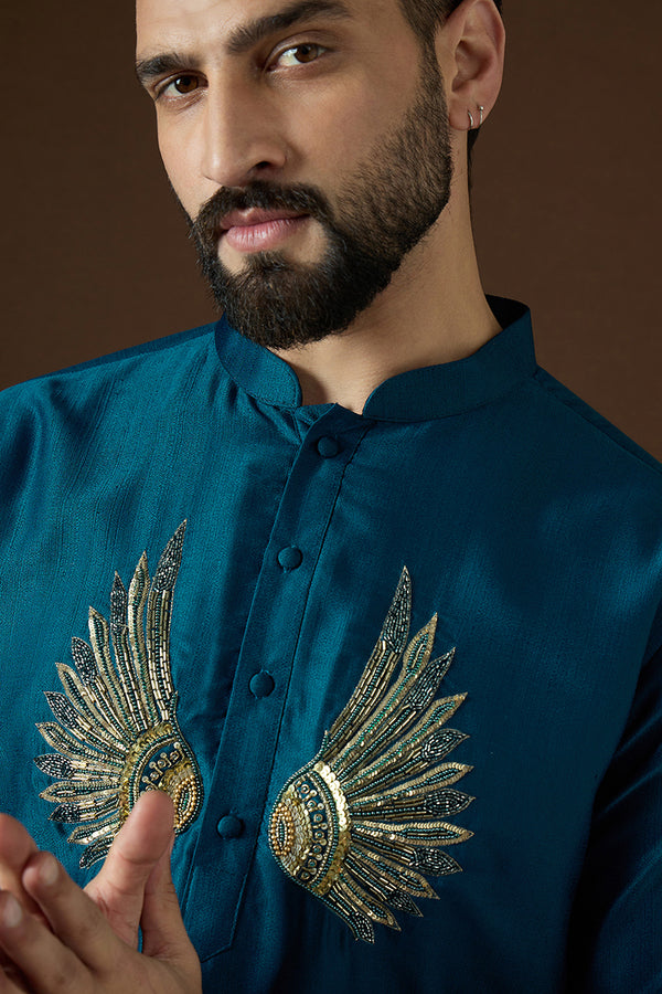 Navy Blue Silk Blend Solid Embroidered Kurta With Trouser MKSET2063