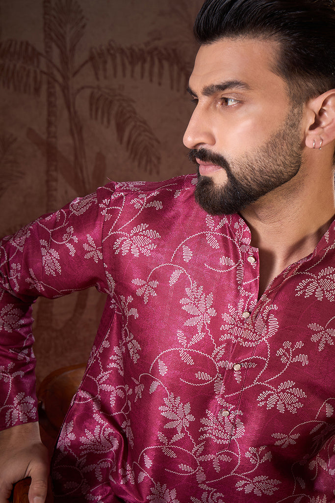 Red Silk Blend Floral Printed Straight Kurta MKU1975
