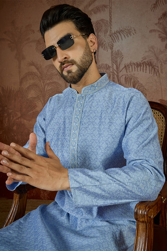 Blue Jacquard Solid Embroidered Kurta With Trouser MKSET2500