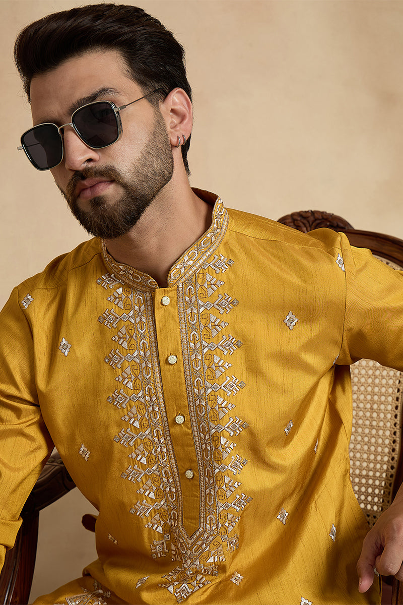 Yellow Silk Blend Solid Embroidered Straight Kurta With Trouser MKSET2525