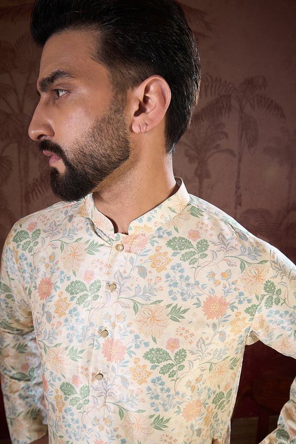 Off White Silk Blend Floral Printed Straight Kurta MKU1915