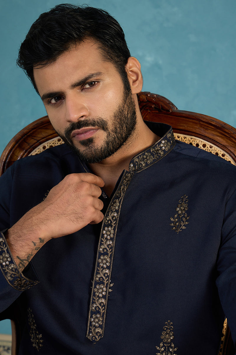 Blue Silk Blend Embroidered Straight Kurta Sets MKSET2122