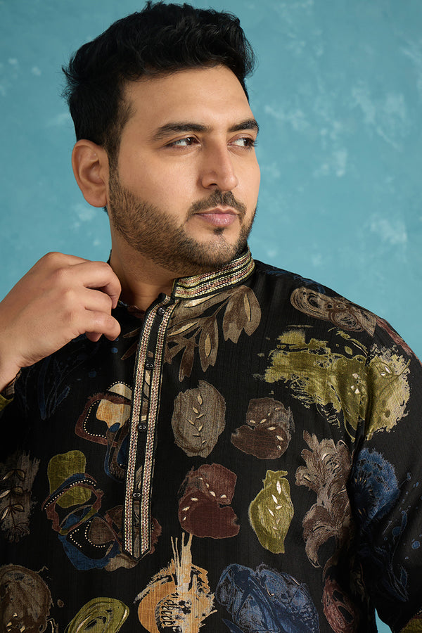 Black Silk Blend Abstract Printed Kurta MKU1960