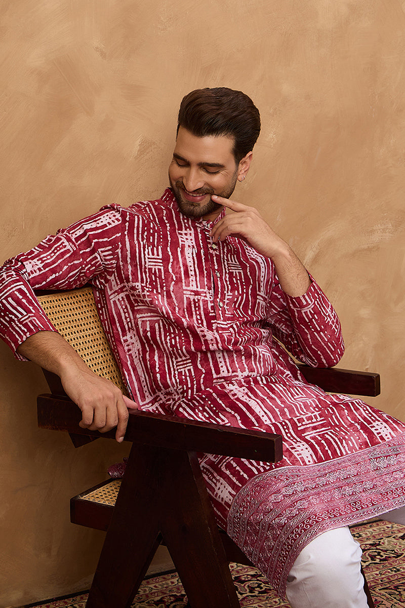 Red Viscose Rayon Batik Embroidered Straight Kurta MKU1499