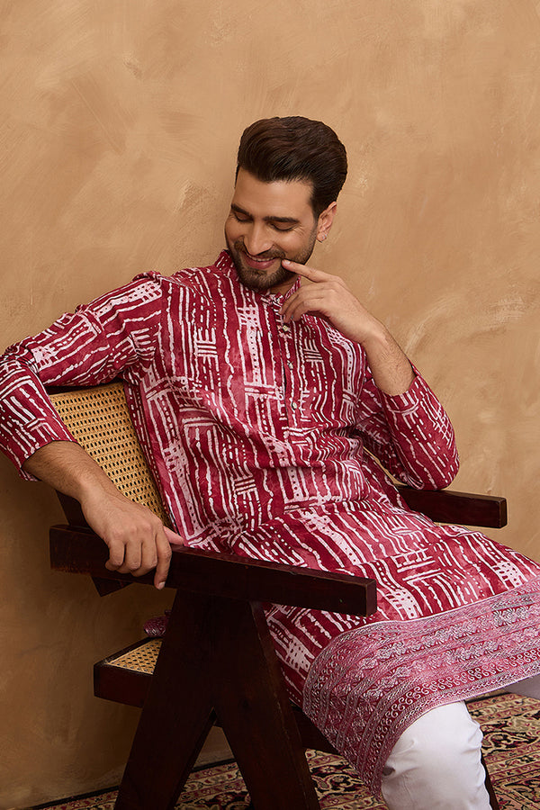 Red Viscose Rayon Batik Embroidered Straight Kurta MKU1499