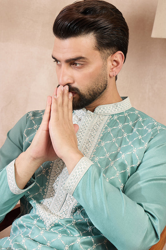 Teal Silk Blend Geometric Embroidered Straight Kurta With Trouser MKSET1693