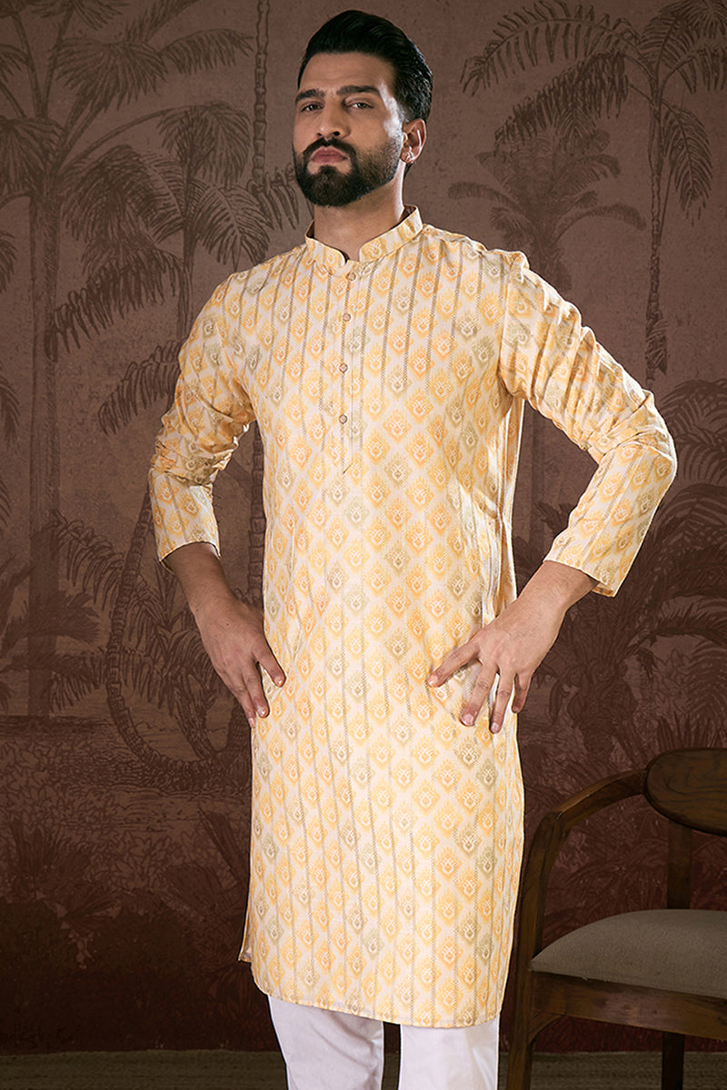 White Silk Blend Ethnic Motifs Printed Straight Kurta MKU1914