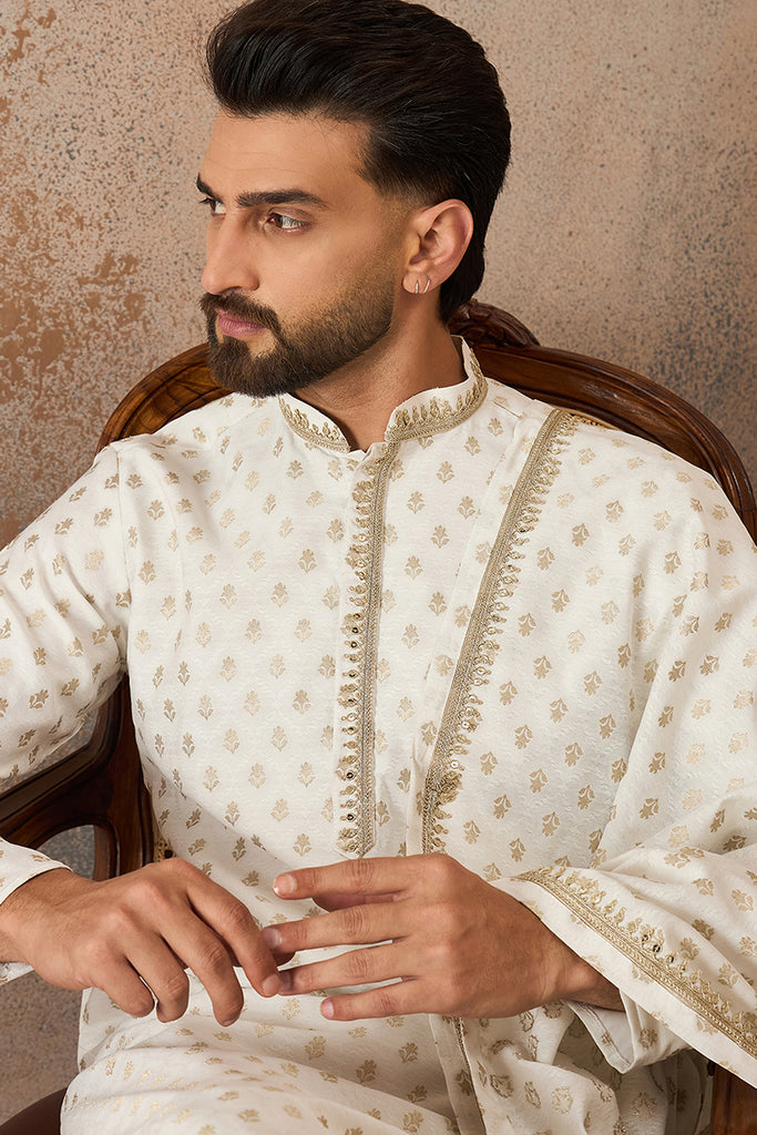 White Jacquard Woven Design Floral Straight Kurta with Dupatta MKUD1049