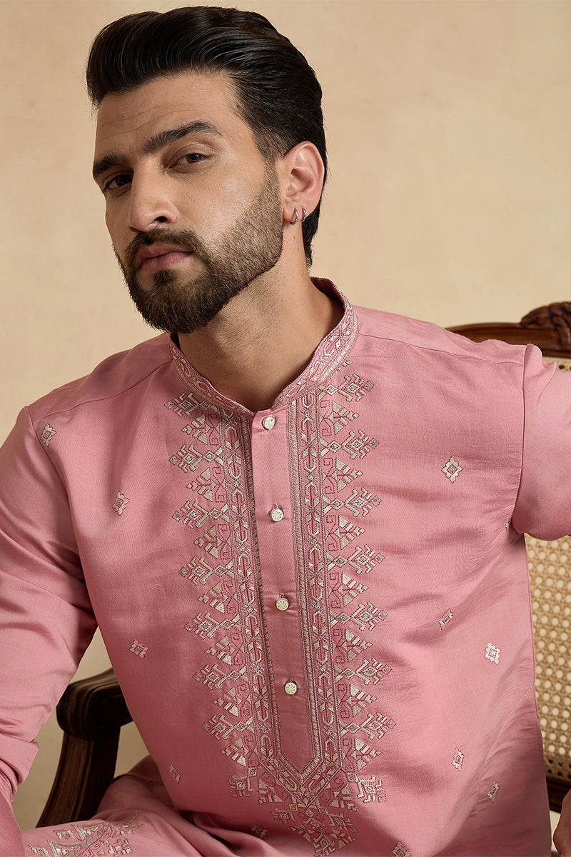 Pink Silk Blend Solid Embroidered Straight Kurta With Trouser MKSET2526